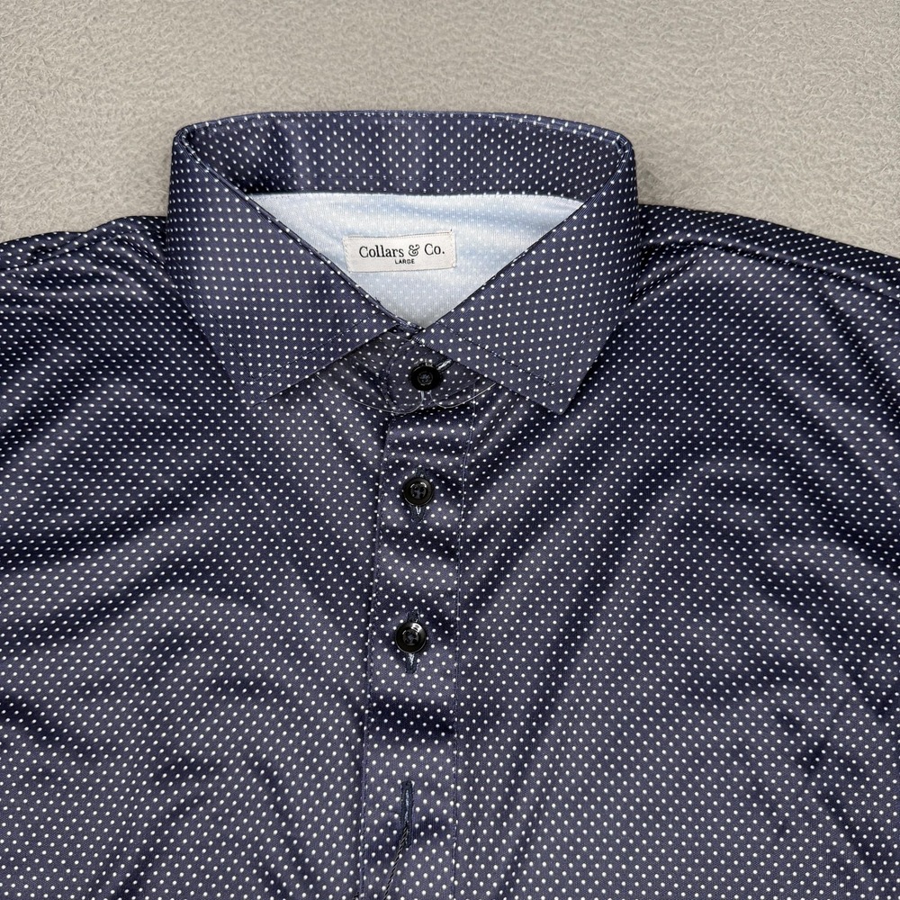 Collars & Co. Dress Collar Polo Shirt Mens L Blue Polka Dot Lightweight Stretch
